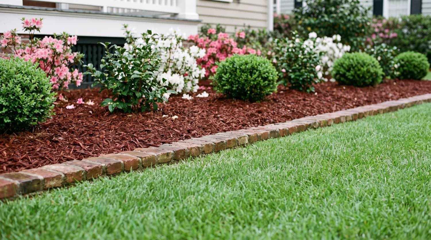 Freshly mulched flower beds with a sharp cut edge against the lawn