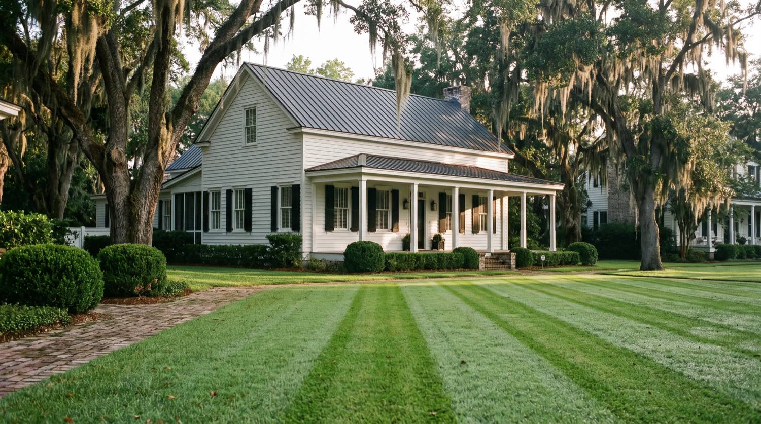 A striped front lawn cut clean to a brick bed edge