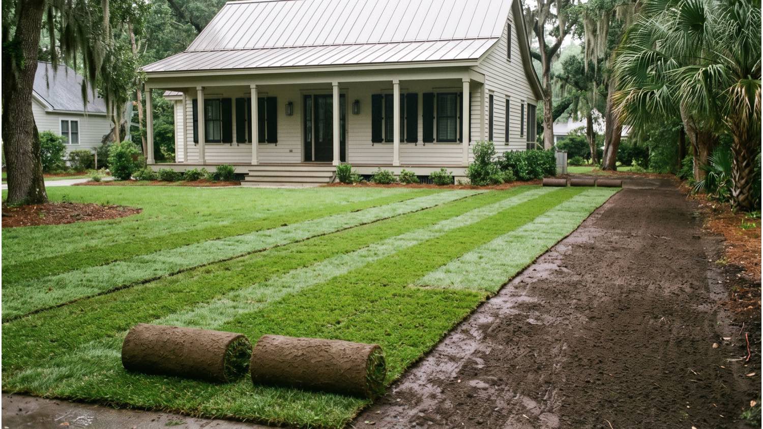 New sod part-laid in rows across a graded Lowcountry yard, rolls waiting at the near end